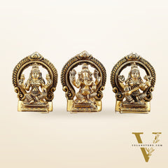 Small Pure Brass Ganesha Lakshmi Saraswati Idols with Prabhavali - 3 Inch