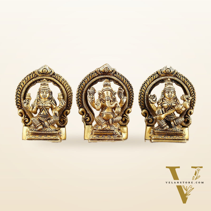 Small Pure Brass Ganesha Lakshmi Saraswati Idols with Prabhavali - 3 Inch