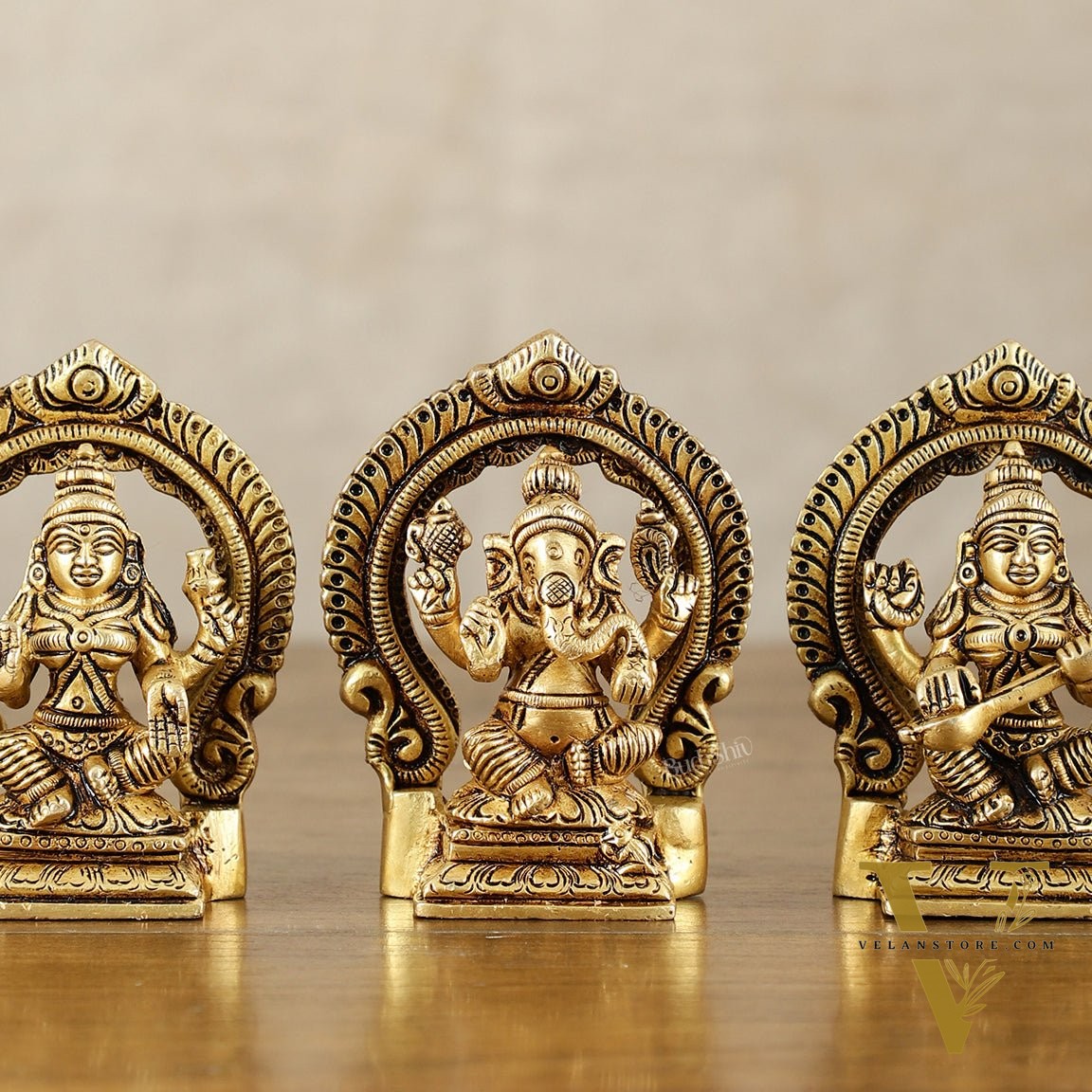 Small Pure Brass Ganesha Lakshmi Saraswati Idols with Prabhavali - 3 Inch