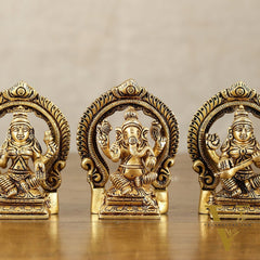 Small Pure Brass Ganesha Lakshmi Saraswati Idols with Prabhavali - 3 Inch