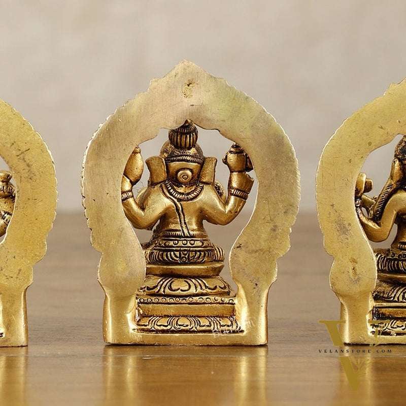 Small Pure Brass Ganesha Lakshmi Saraswati Idols with Prabhavali - 3 Inch
