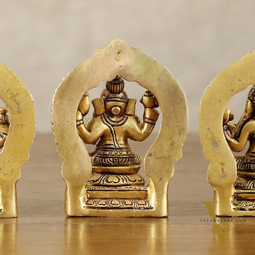 Small Pure Brass Ganesha Lakshmi Saraswati Idols with Prabhavali - 3 Inch