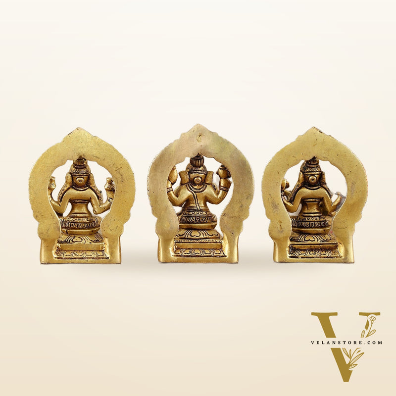 Small Pure Brass Ganesha Lakshmi Saraswati Idols with Prabhavali - 3 Inch