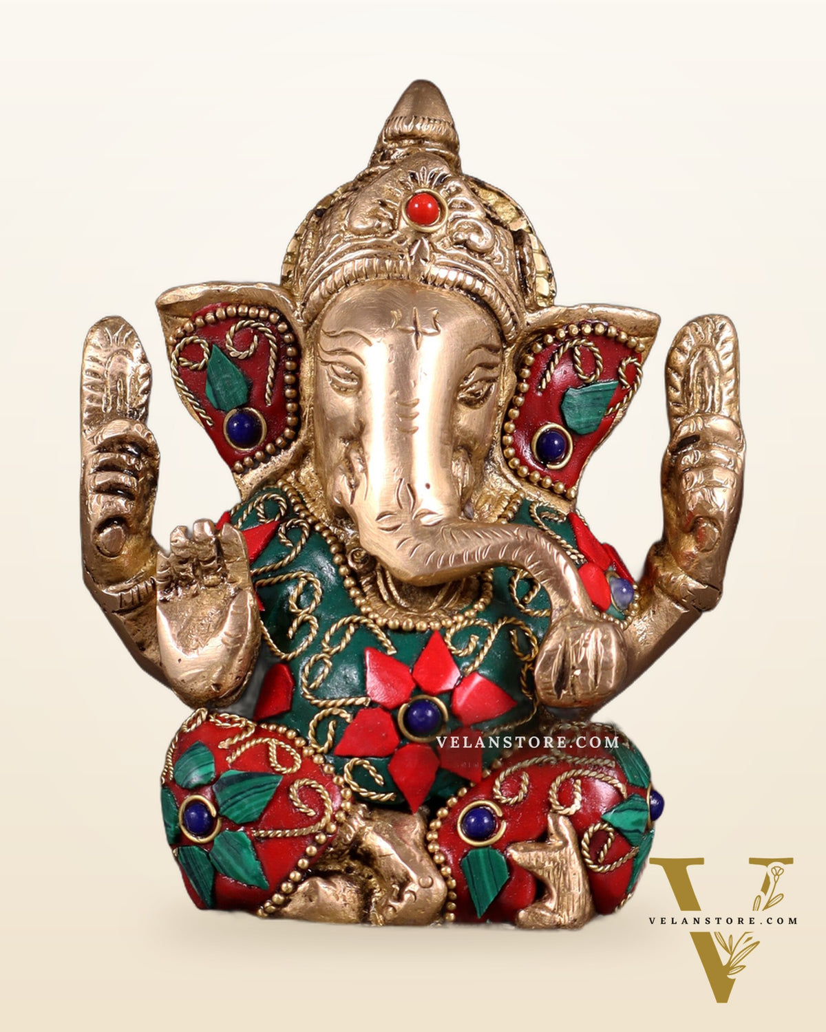 Small Pure Brass Lord Ganesha Idol floral Stonework - 5 Inch