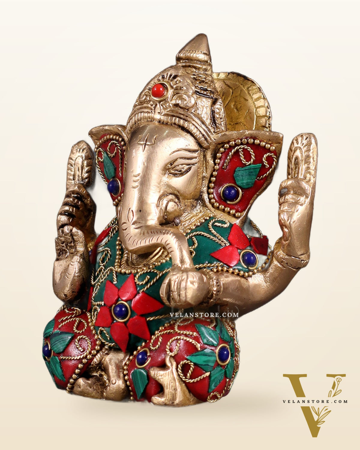 Small Pure Brass Lord Ganesha Idol floral Stonework - 5 Inch