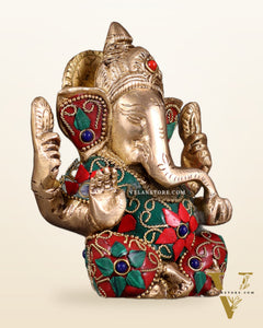 Small Pure Brass Lord Ganesha Idol floral Stonework - 5 Inch