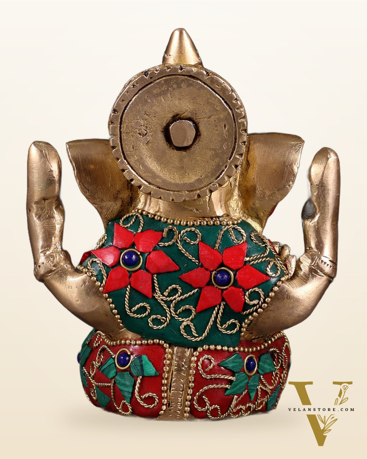 Small Pure Brass Lord Ganesha Idol floral Stonework - 5 Inch