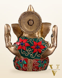Small Pure Brass Lord Ganesha Idol floral Stonework - 5 Inch
