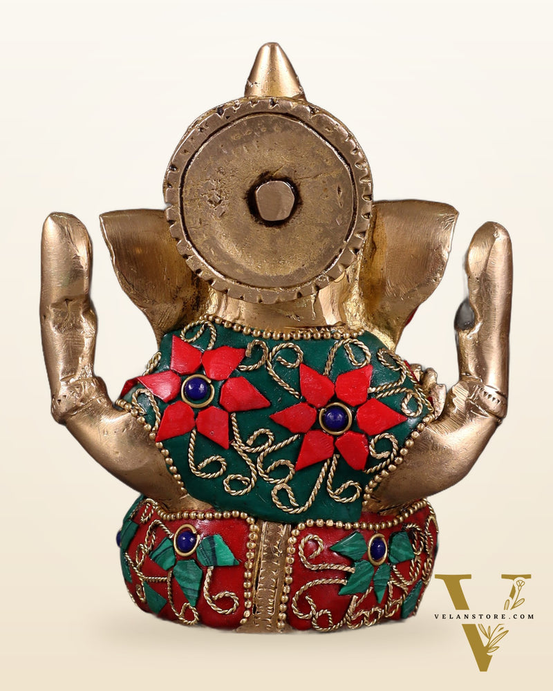 Small Pure Brass Lord Ganesha Idol floral Stonework - 5 Inch