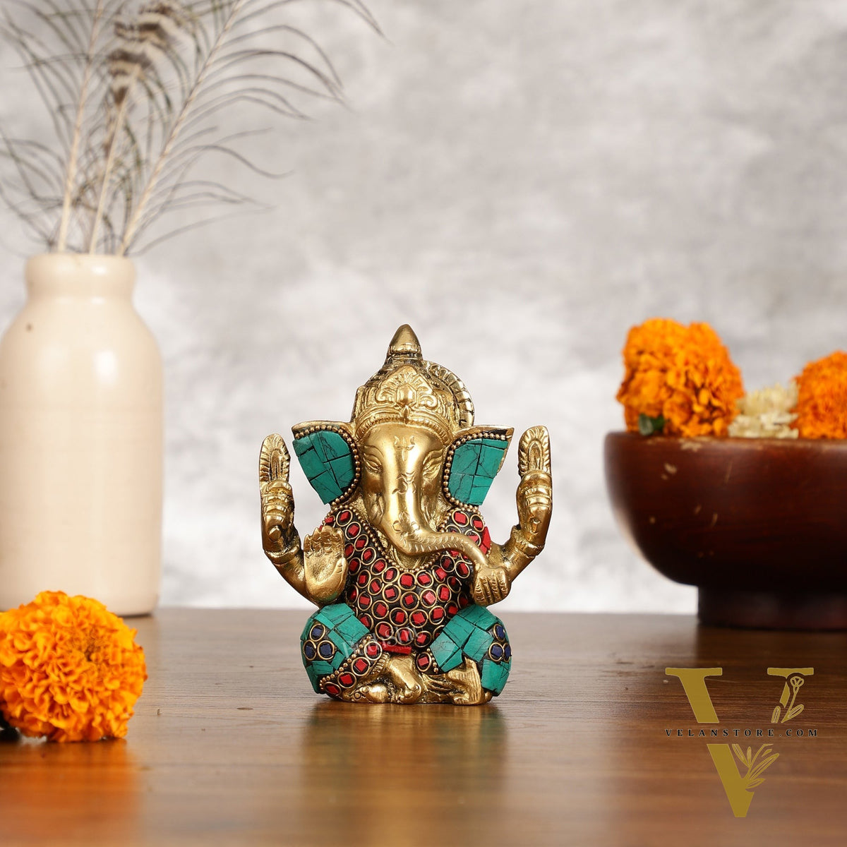 Small Pure Brass Lord Ganesha Idol with Stonework - 5 Inch