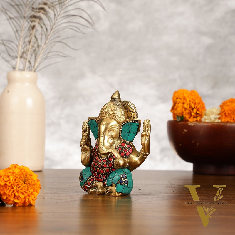 Small Pure Brass Lord Ganesha Idol with Stonework - 5 Inch