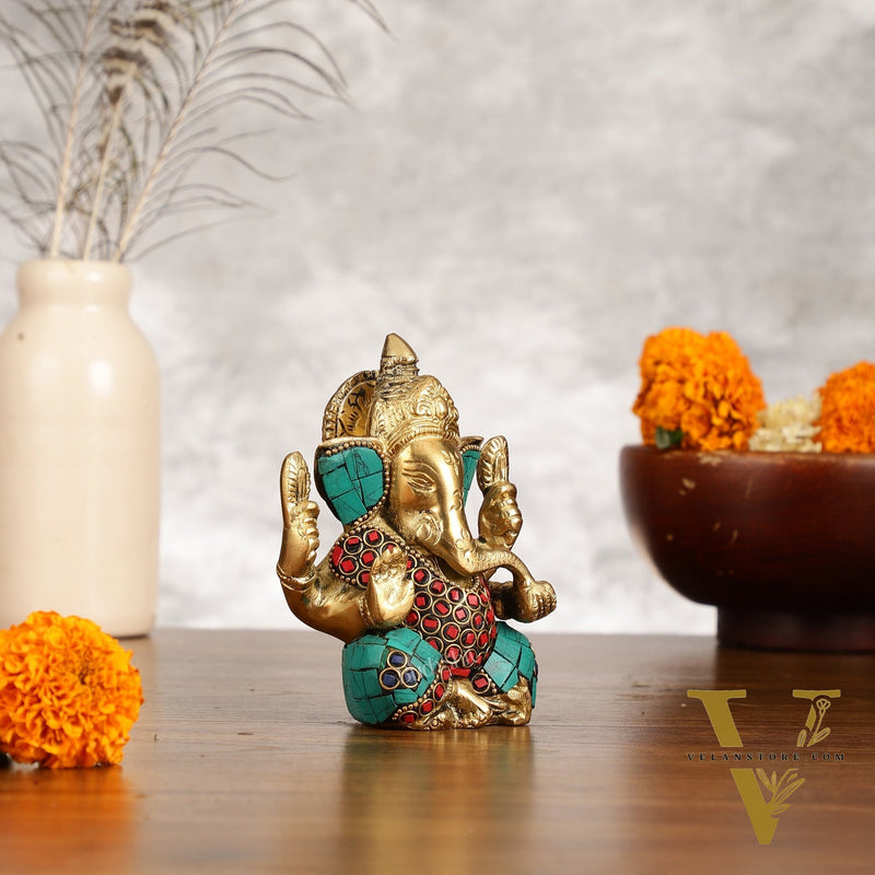 Small Pure Brass Lord Ganesha Idol with Stonework - 5 Inch