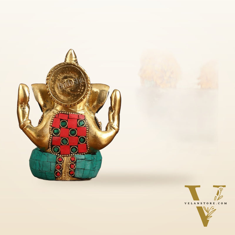Small Pure Brass Lord Ganesha Idol with Stonework - 5 Inch