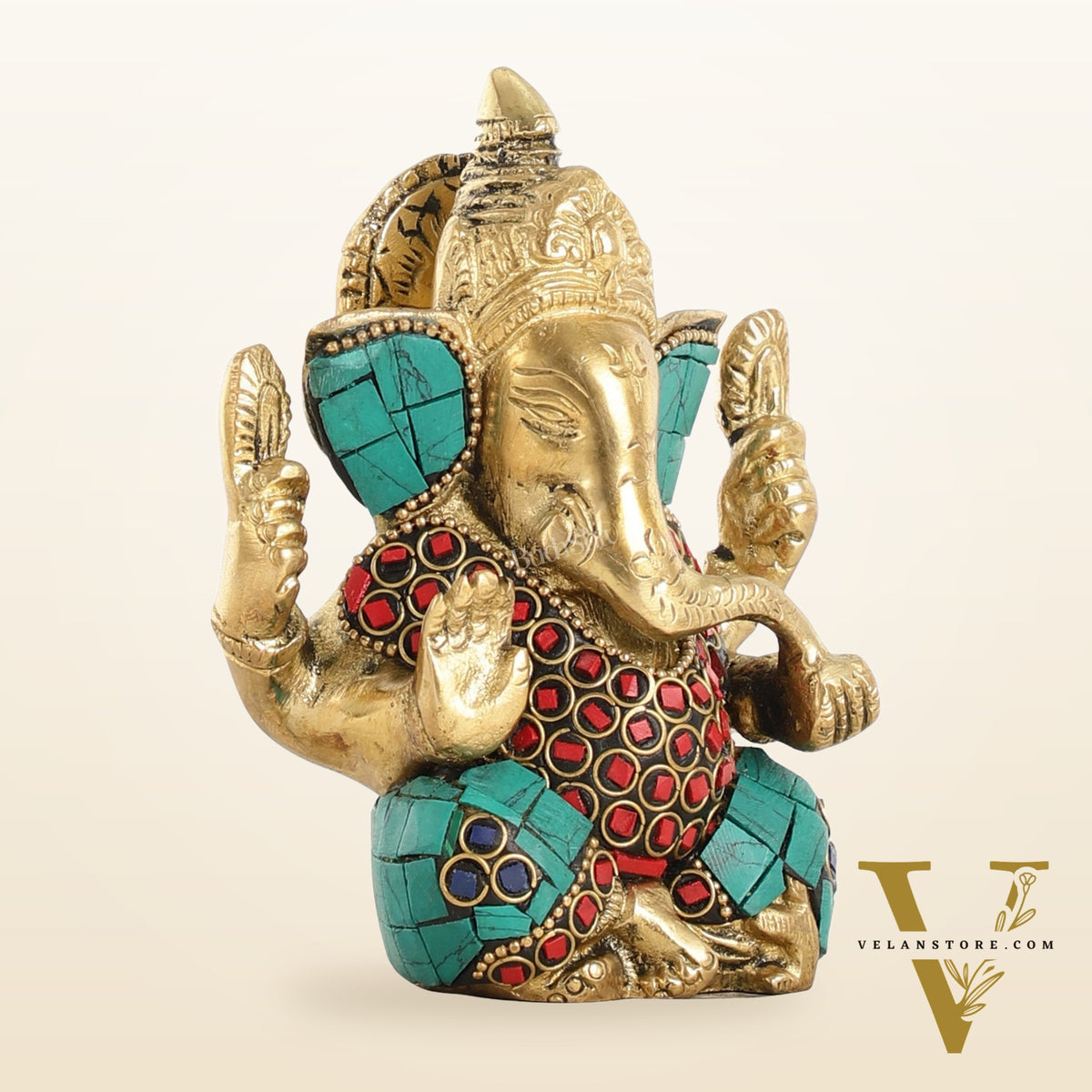 Small Pure Brass Lord Ganesha Idol with Stonework - 5 Inch