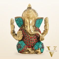 Small Pure Brass Lord Ganesha Idol with Stonework - 5 Inch
