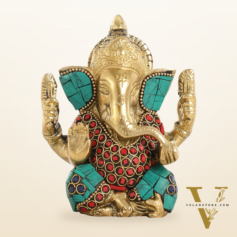 Small Pure Brass Lord Ganesha Idol with Stonework - 5 Inch
