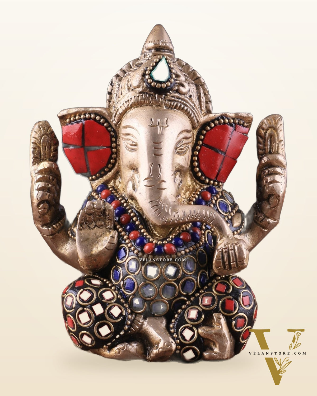 Small Pure Brass Lord Ganesha Idol with Stonework - 5 Inch