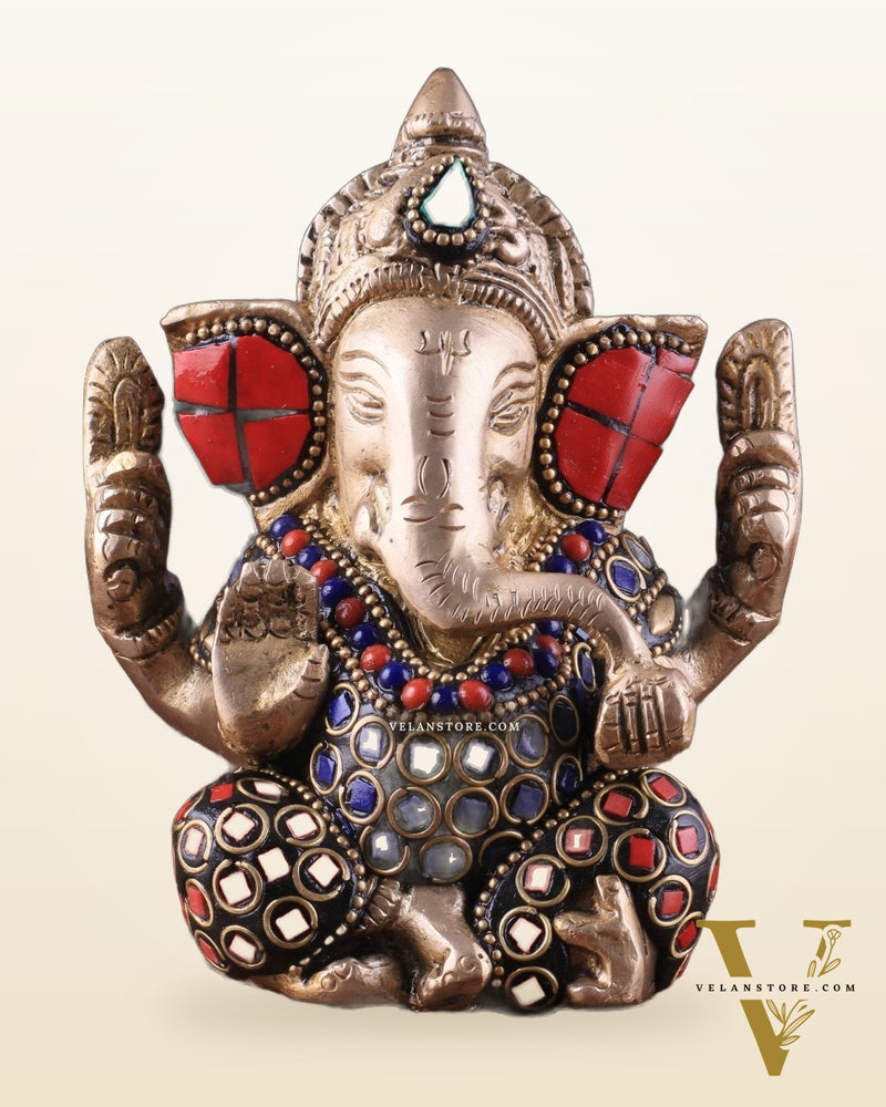 Small Pure Brass Lord Ganesha Idol with Stonework - 5 Inch