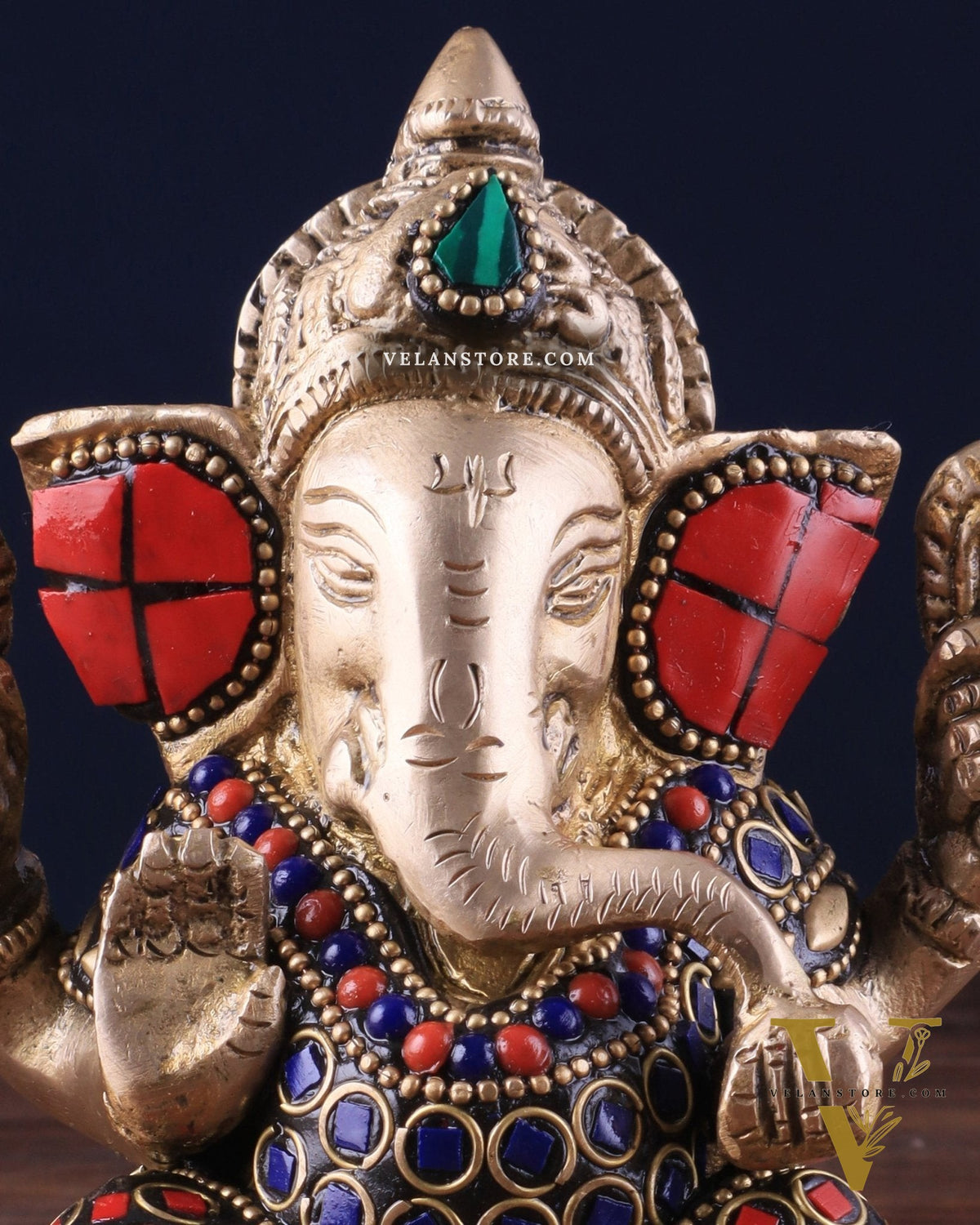 Small Pure Brass Lord Ganesha Idol with Stonework - 5 Inch