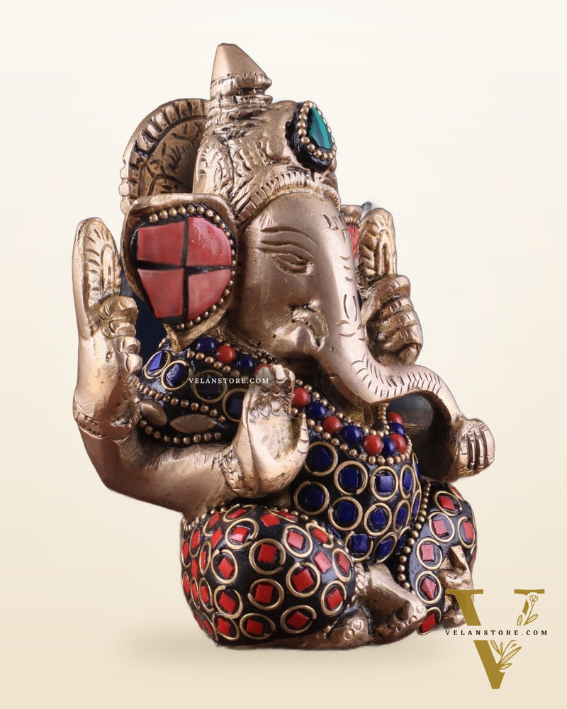 Small Pure Brass Lord Ganesha Idol with Stonework - 5 Inch