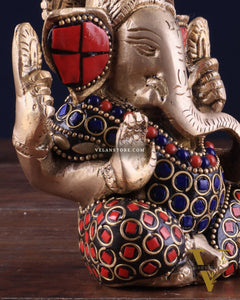 Small Pure Brass Lord Ganesha Idol with Stonework - 5 Inch