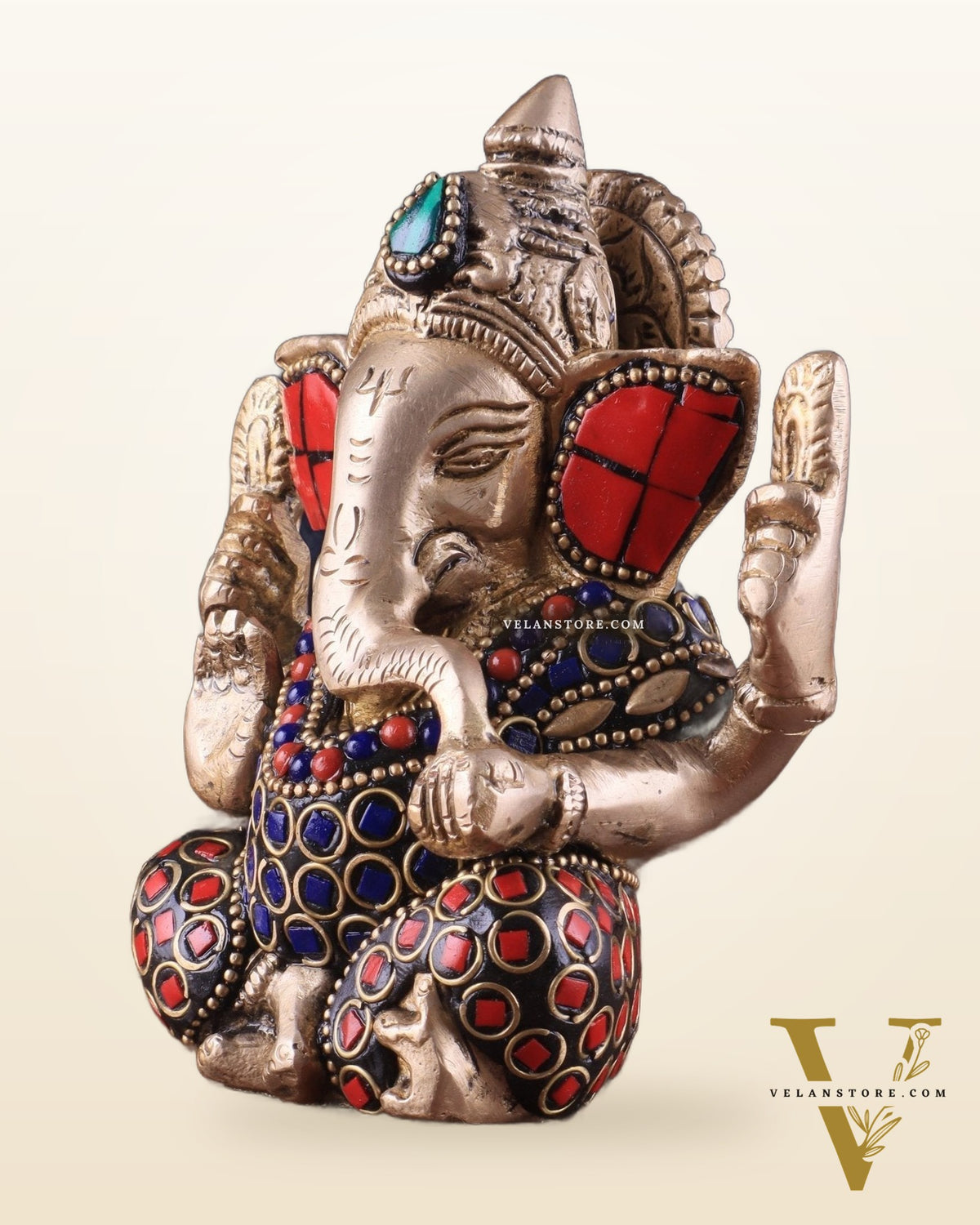 Small Pure Brass Lord Ganesha Idol with Stonework - 5 Inch