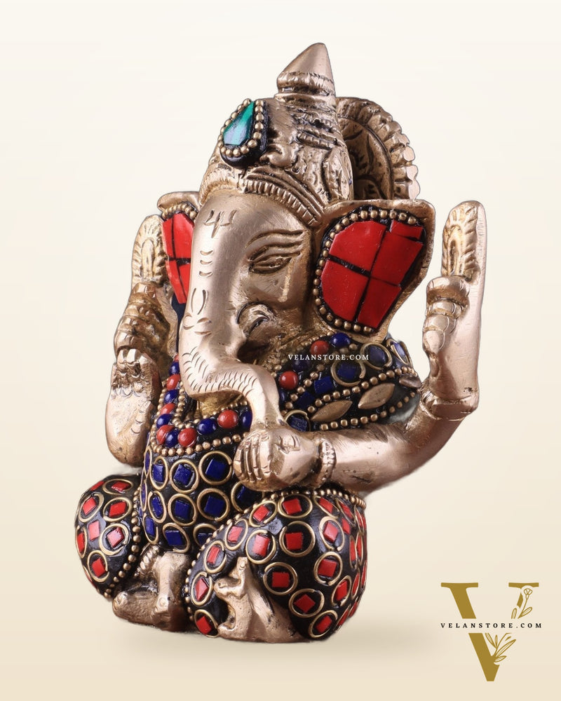 Small Pure Brass Lord Ganesha Idol with Stonework - 5 Inch