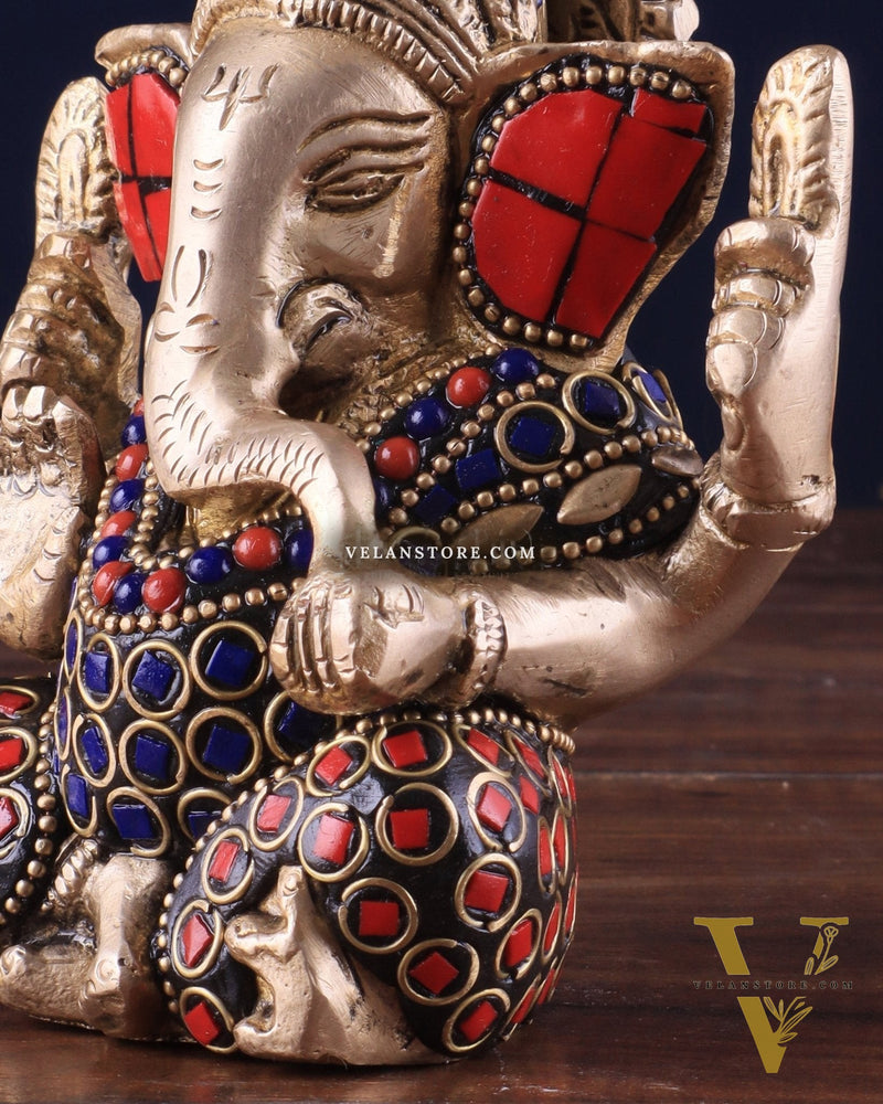 Small Pure Brass Lord Ganesha Idol with Stonework - 5 Inch
