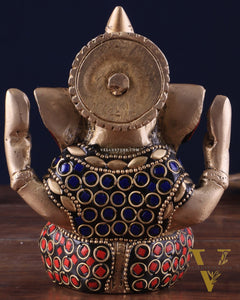 Small Pure Brass Lord Ganesha Idol with Stonework - 5 Inch