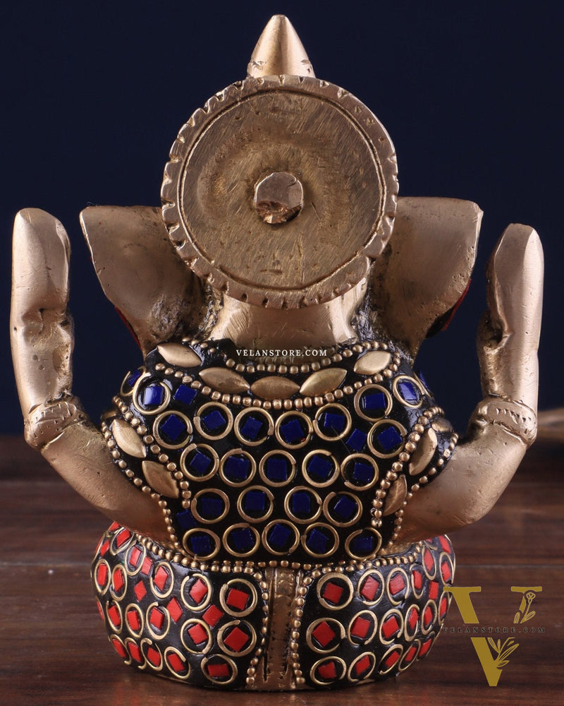 Small Pure Brass Lord Ganesha Idol with Stonework - 5 Inch