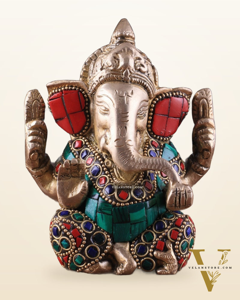 Small Pure Brass Lord Ganesha Idol with Stonework - 5 Inch