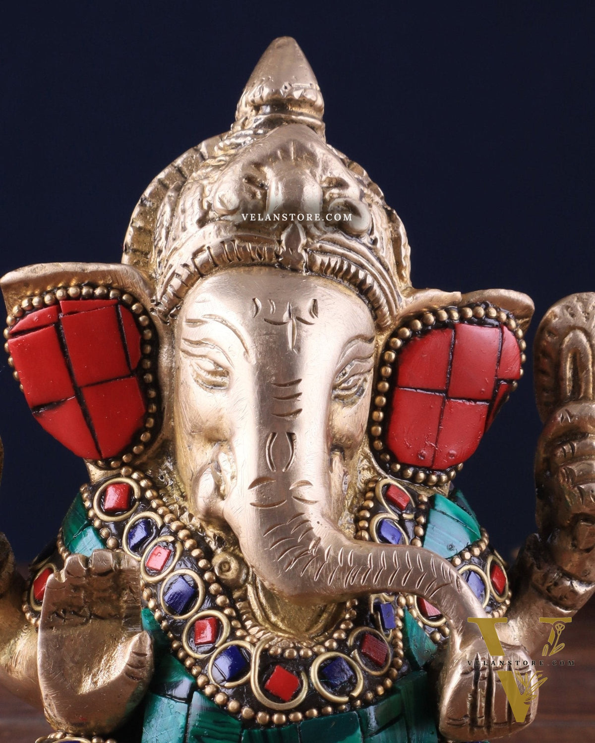Small Pure Brass Lord Ganesha Idol with Stonework - 5 Inch