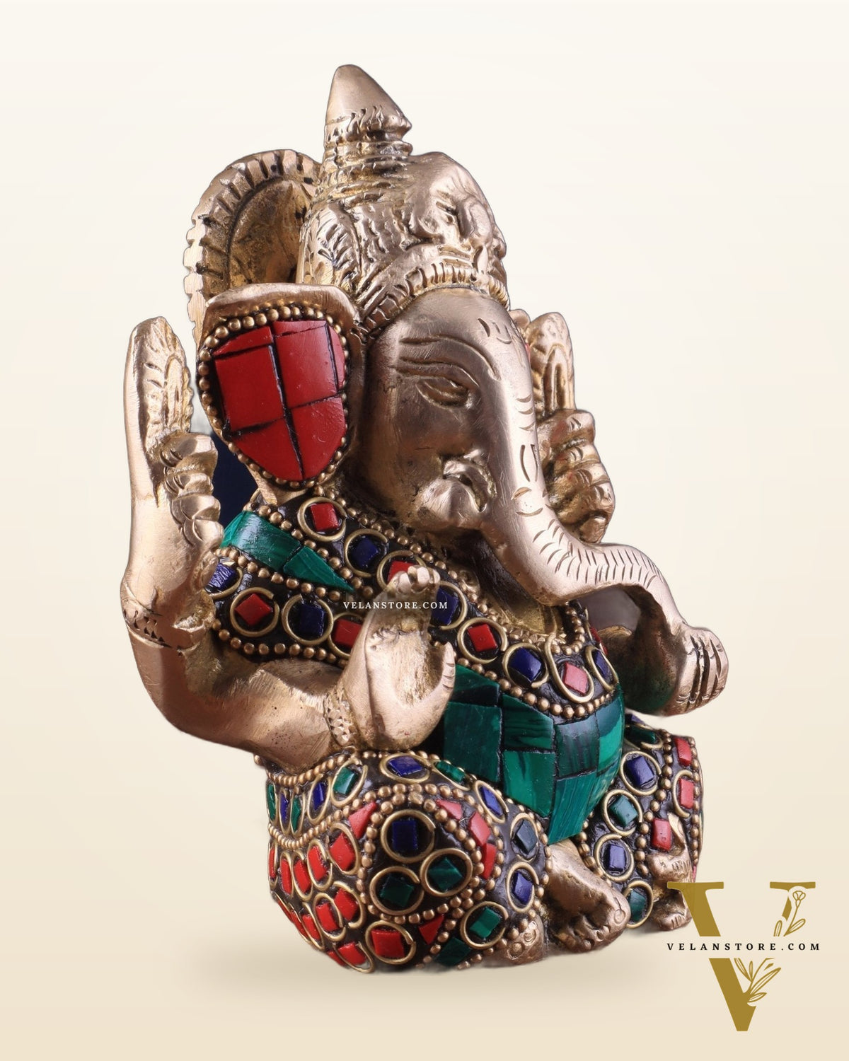 Small Pure Brass Lord Ganesha Idol with Stonework - 5 Inch