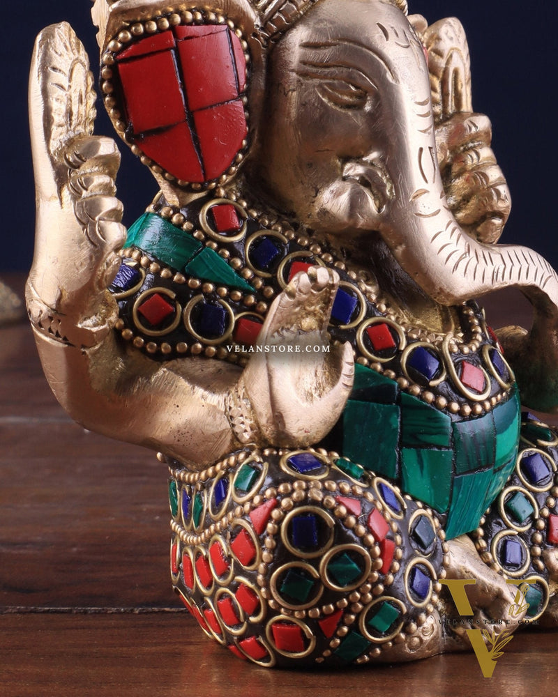 Small Pure Brass Lord Ganesha Idol with Stonework - 5 Inch