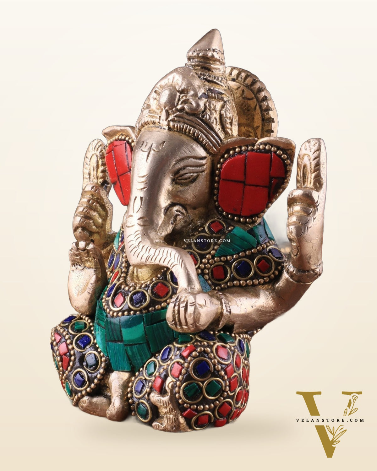 Small Pure Brass Lord Ganesha Idol with Stonework - 5 Inch