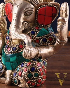 Small Pure Brass Lord Ganesha Idol with Stonework - 5 Inch