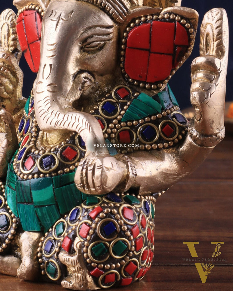 Small Pure Brass Lord Ganesha Idol with Stonework - 5 Inch