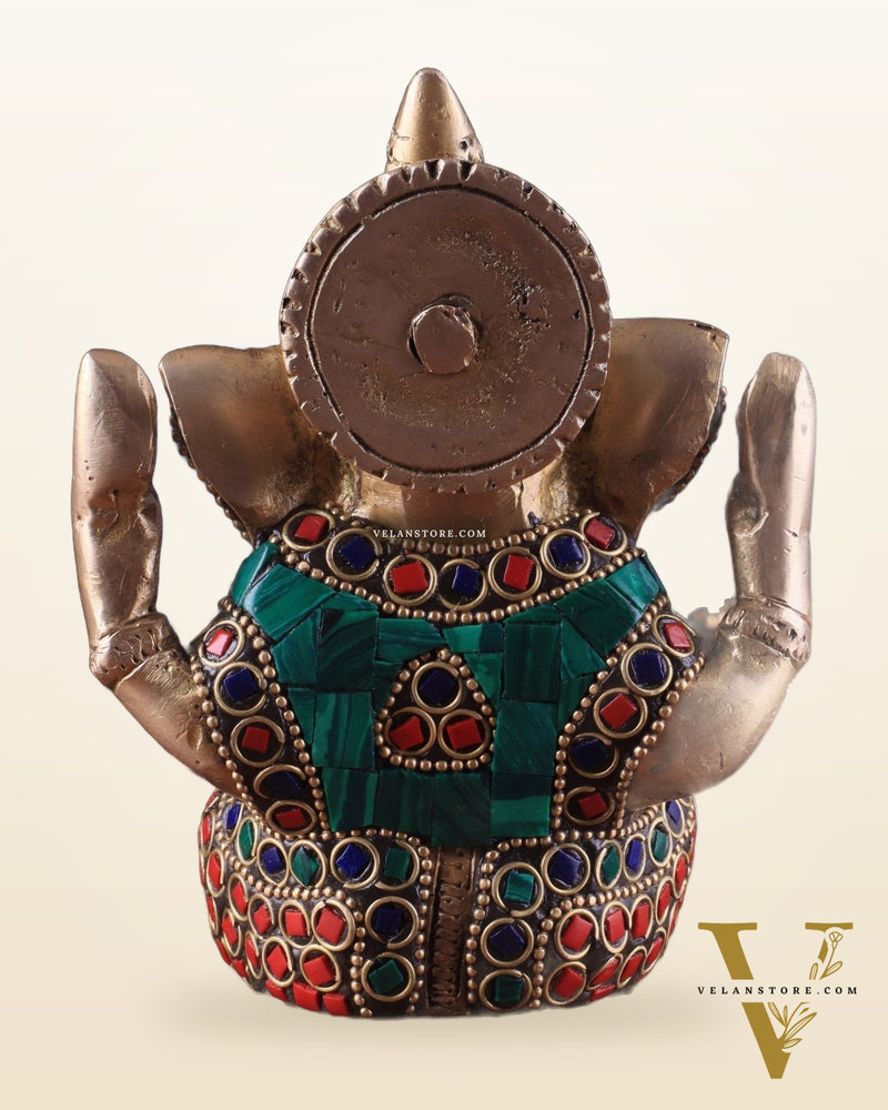 Small Pure Brass Lord Ganesha Idol with Stonework - 5 Inch