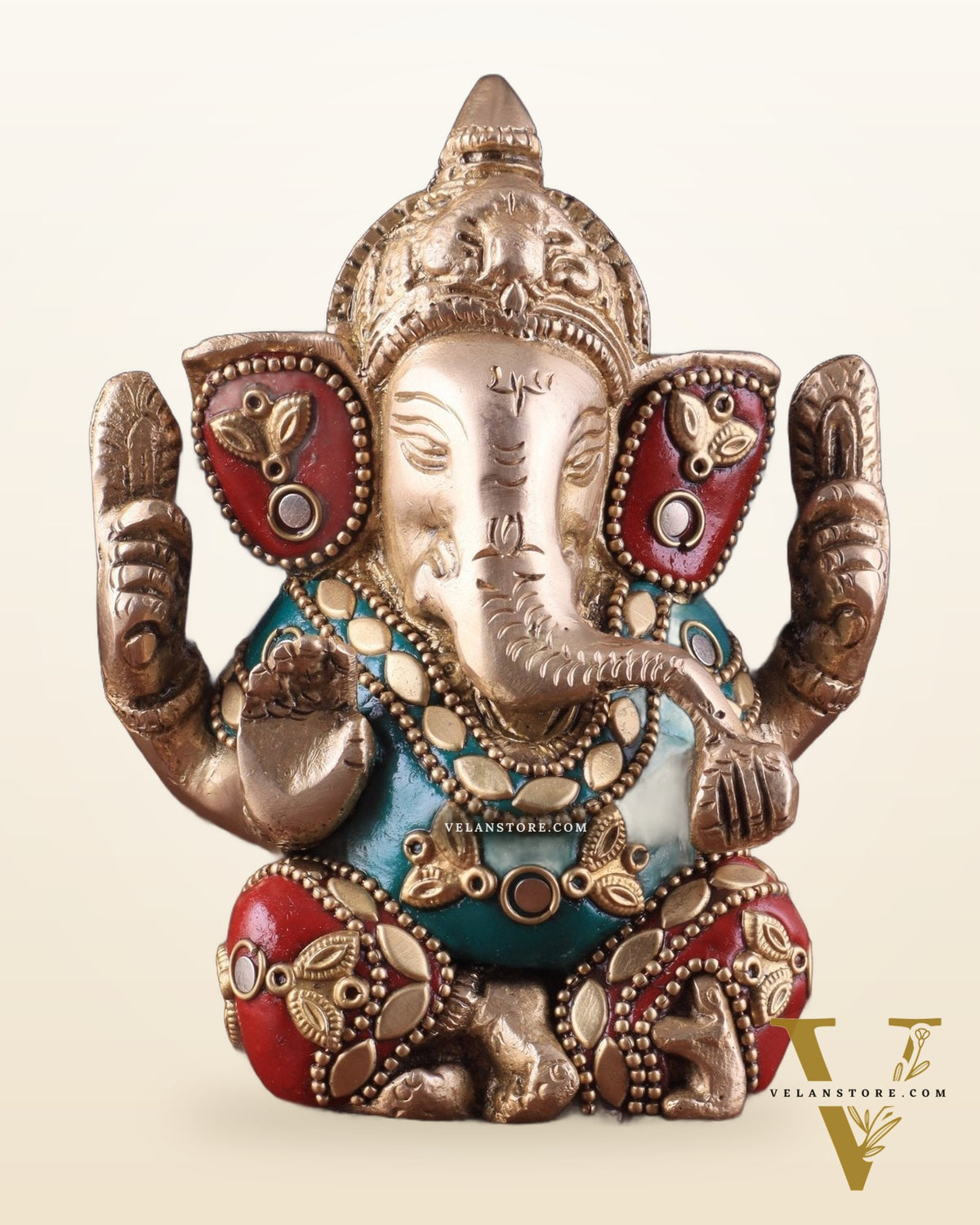 Small Pure Brass Lord Ganesha Idol with Stonework - 5 Inch