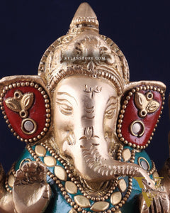 Small Pure Brass Lord Ganesha Idol with Stonework - 5 Inch