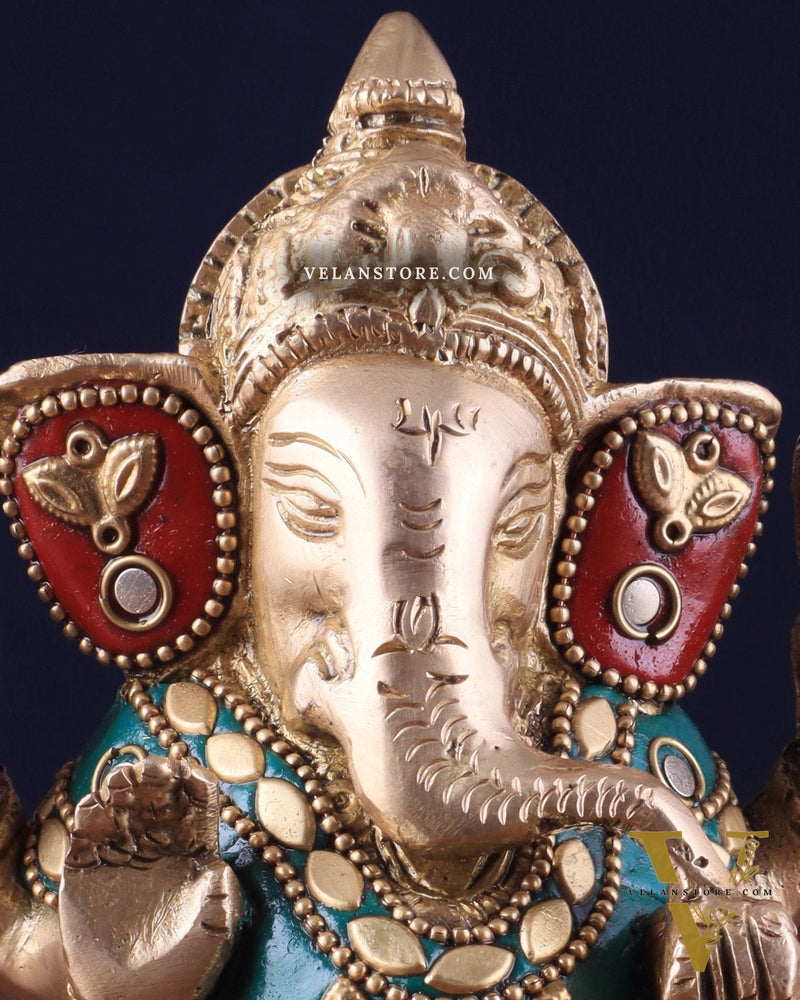 Small Pure Brass Lord Ganesha Idol with Stonework - 5 Inch