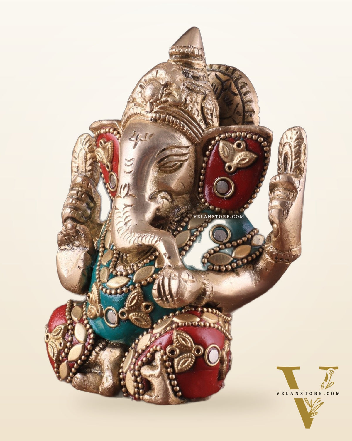 Small Pure Brass Lord Ganesha Idol with Stonework - 5 Inch