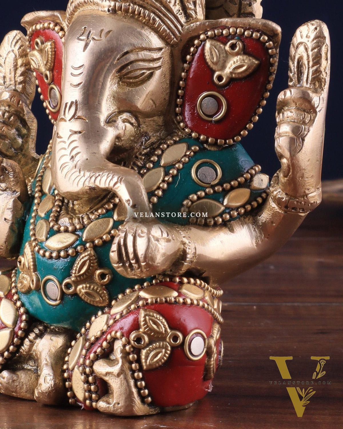 Small Pure Brass Lord Ganesha Idol with Stonework - 5 Inch