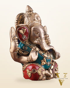 Small Pure Brass Lord Ganesha Idol with Stonework - 5 Inch