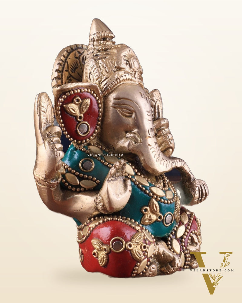 Small Pure Brass Lord Ganesha Idol with Stonework - 5 Inch