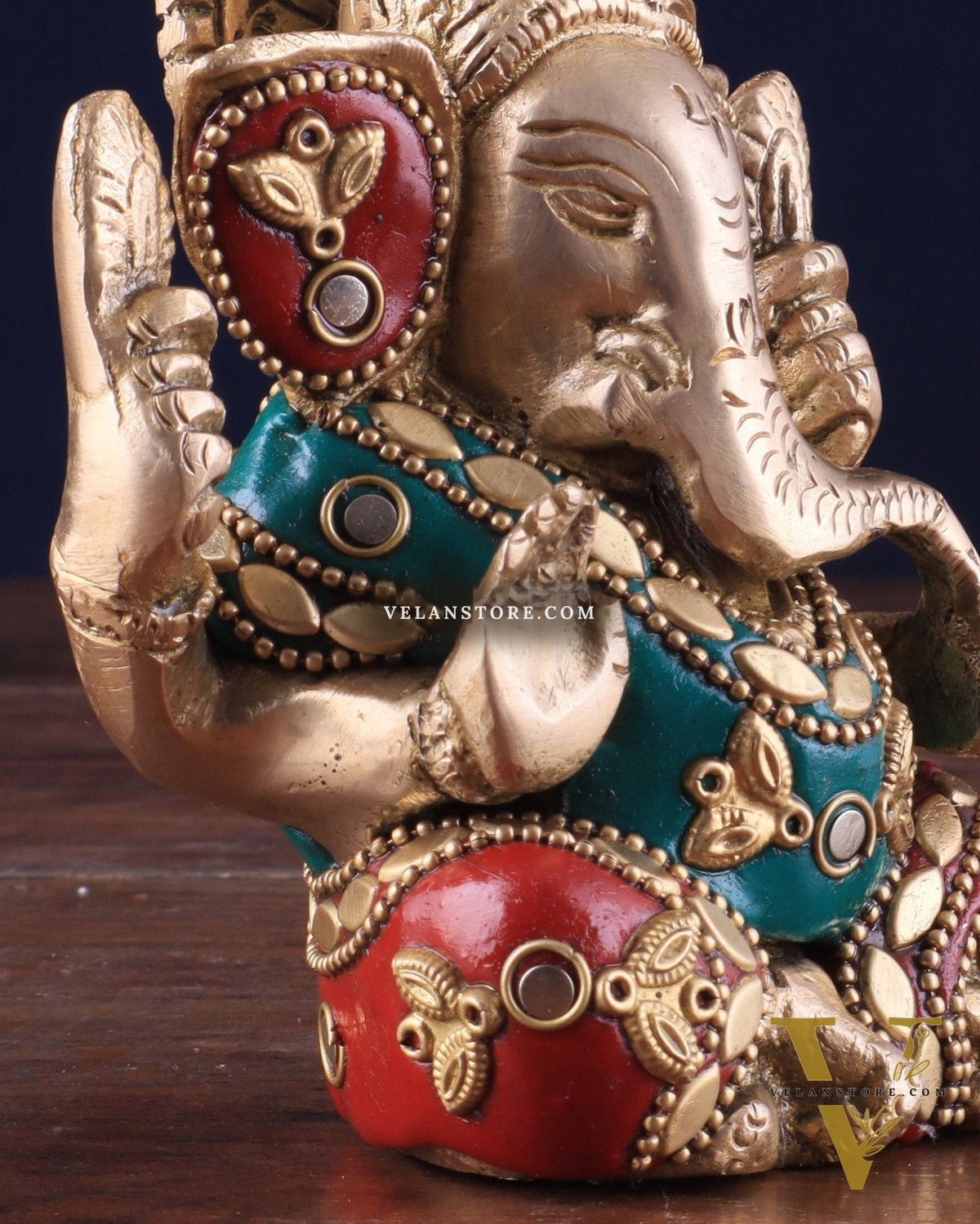 Small Pure Brass Lord Ganesha Idol with Stonework - 5 Inch