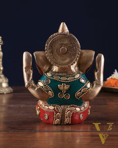 Small Pure Brass Lord Ganesha Idol with Stonework - 5 Inch