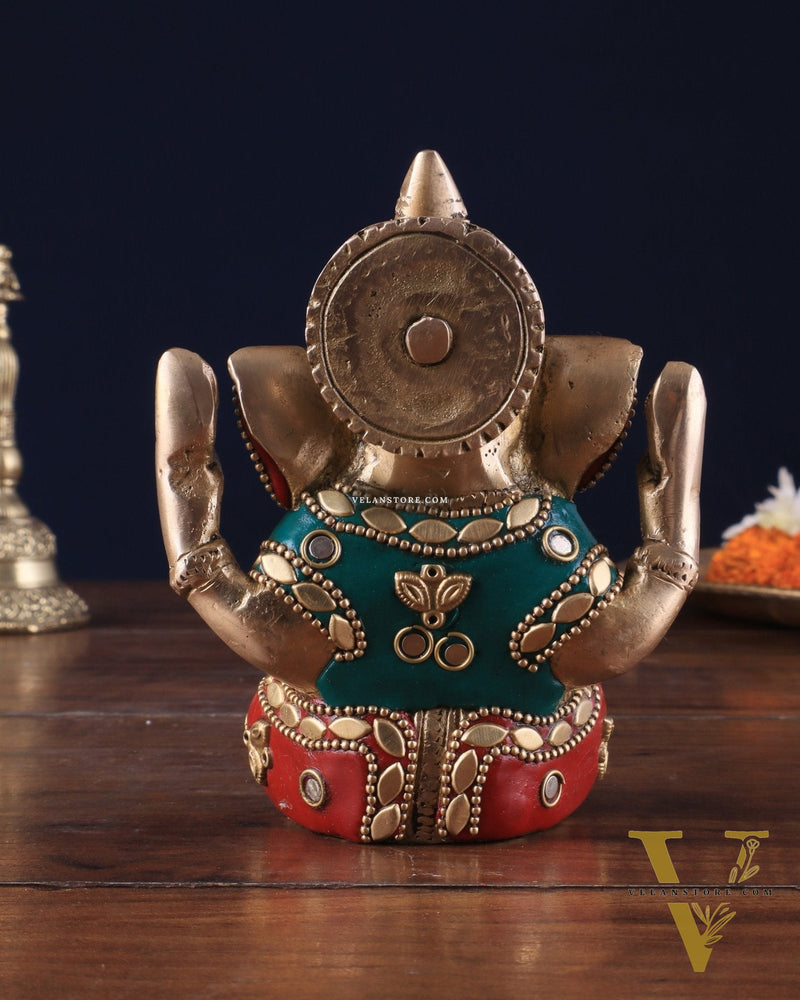 Small Pure Brass Lord Ganesha Idol with Stonework - 5 Inch