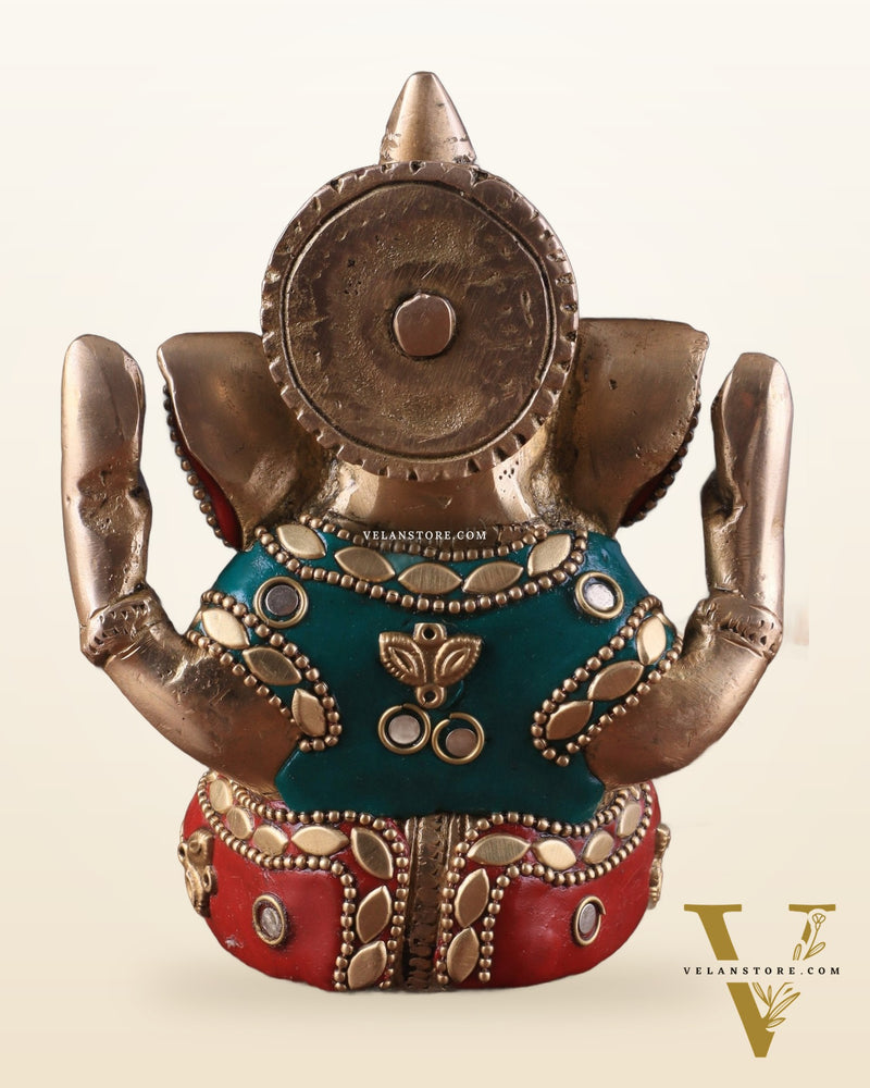 Small Pure Brass Lord Ganesha Idol with Stonework - 5 Inch