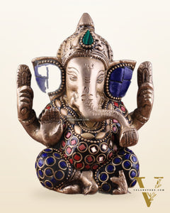 Small Pure Brass Lord Ganesha Idol with Stonework - 5 Inch